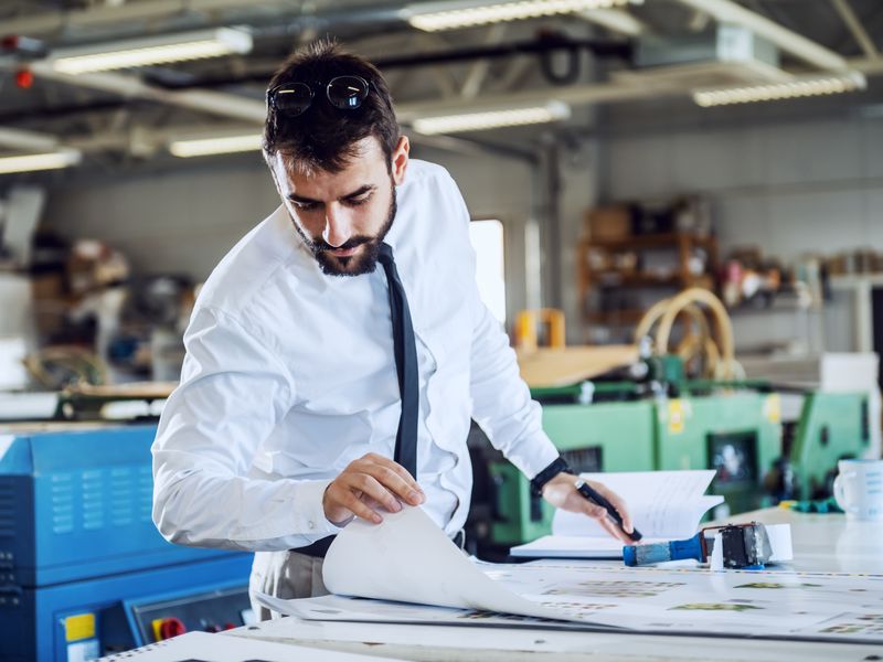 Print technician preparing a job on the production bench