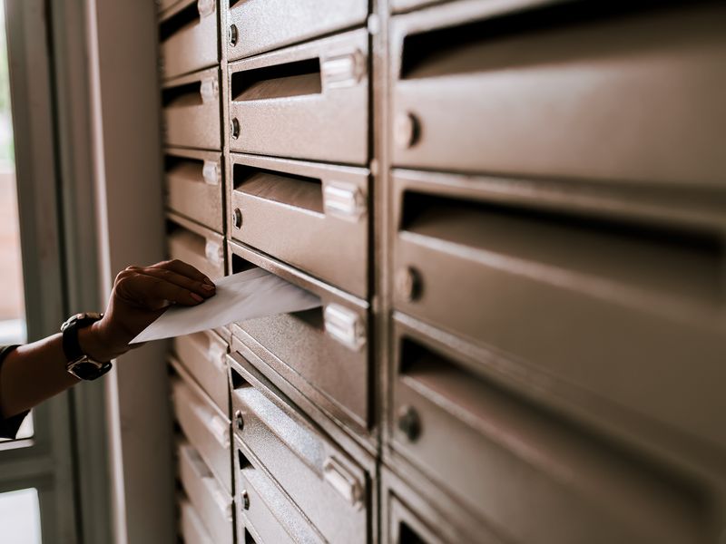 Mail being delivered into a bank of letterboxes
